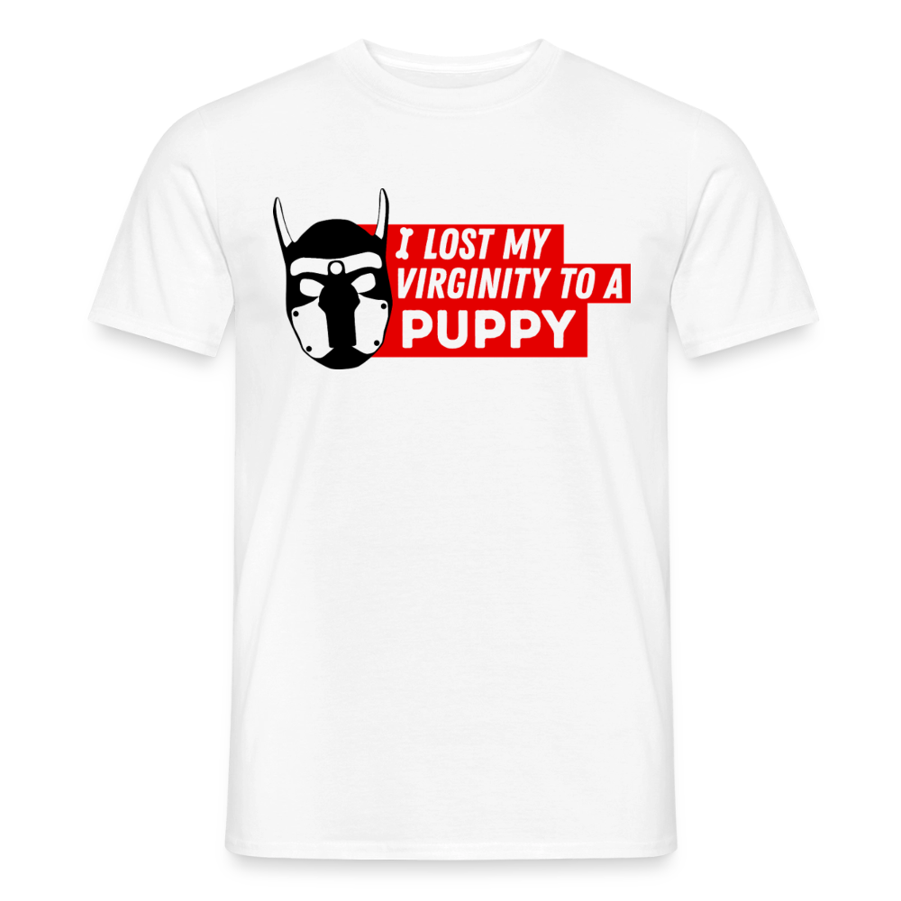 Weißes T-Shirt mit frechem Puppy Play Design "I Lost My Virginity To A Puppy" – humorvolles Kink Statement