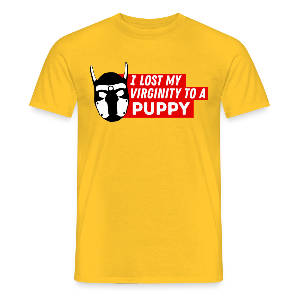 Leuchtgelbes T-Shirt mit dem humorvollen Puppy Virginity Statement