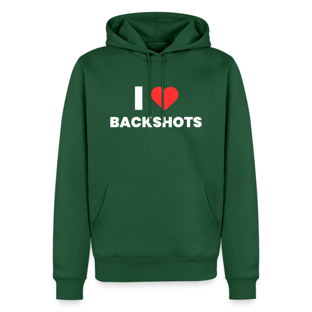 Ein tief-flaschengrüner Streetwear-Hoodie mit Kängurutasche als glatter Produkt-Freisteller. Das zentrierte Fetisch-Logo bricht das dunkle Gewebe mit einem kontrastreichen roten Herzsymbol und kompromissloser Botschaft.