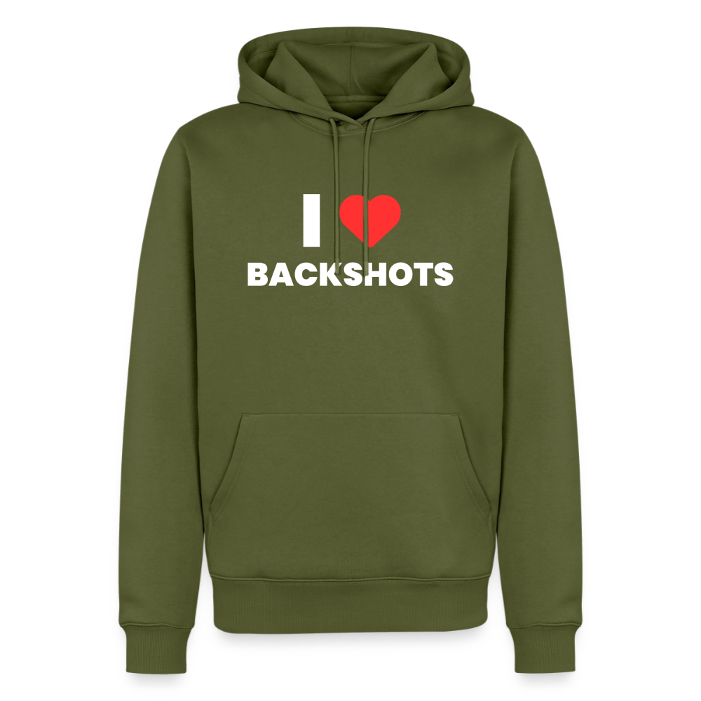 Freigestellter Kapuzenpullover im olivfarbenen Khaki-Ton. Das scharf aufgedruckte Motiv zeigt ein unschuldig wirkendes Herzsymbol, das durch den frechen Subkultur-Spruch in großen Lettern ironisch gebrochen wird.