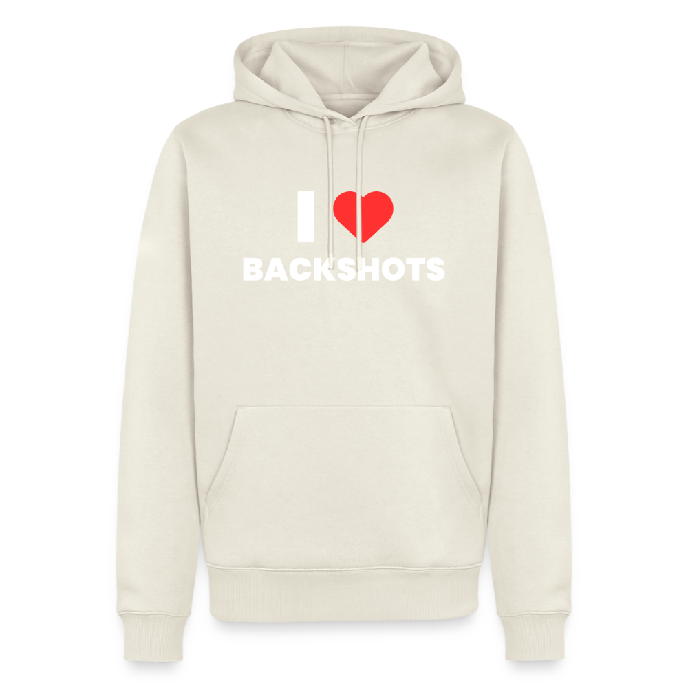 Cremefarbener Hoodie in der Nuance Naturweiß ohne Hintergrund dargestellt. Auf dem hellen, schweren Baumwollstoff strahlt das rote Herzmotiv besonders intensiv und rückt die freche Popkultur-Punchline in den Fokus.
