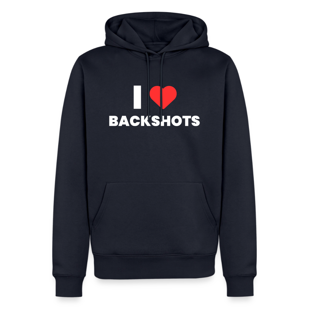 Dunkelblauer Navy-Hoodie mit elastischen Bündchen in freigestellter Produktansicht. Die Kombination aus klassischer Marine-Farbe und dem derben Fetisch-Witz transportiert queere Ironie perfekt in deinen Alltag.