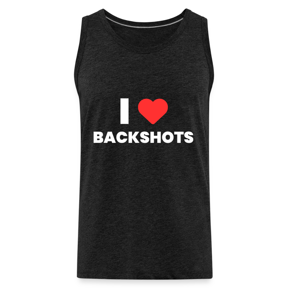 Ein dunkelgraues Pride-Tank-Top in Anthrazit als freigestellter Produkt-Mockup. Das ärmellose Shirt präsentiert den plakativen Brustdruck mit dem roten Herz und der frechen schwarzen Typografie.