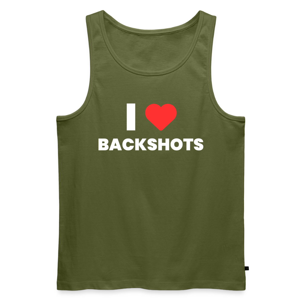 Ein olivfarbenes Khaki-Unterhemd ohne Ärmel als sauberer Webshop-Freisteller. Das zentrierte Valentinsherz bricht das minimalistische Design mit einer eindeutigen sexuellen Punchline für die LGBTIQ+-Community.
