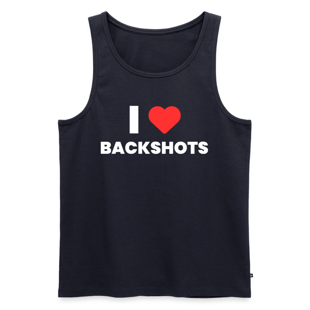 Marineblaues Unisex-Tank-Top, flach ausgelegt auf transparentem Grund. Die Kombination aus klassischer Navy-Farbe und dem derben Subkultur-Humor kreiert ein perfektes, luftiges Outfit für queere Partys.