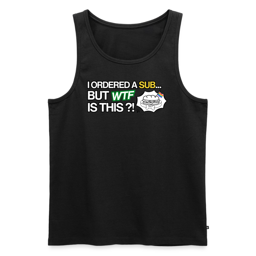 Freigestelltes schwarzes Sommer-Tank-Top mit dem viralen Puppy-Play-Meme. Der weiße Text „I ordered a sub but wtf is this“ und das bunte Grafik-Sandwich setzen ein selbstbewusstes, sex-positives Statement für mehr kinky Sichtbarkeit im Alltag.