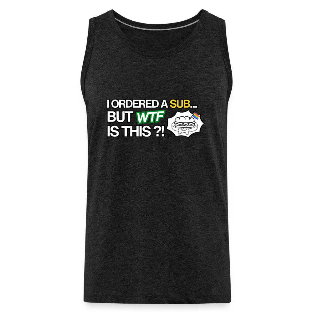 Ein humorvolles BDSM-Motiv ziert die Brust des dunkelgrauen Muskelshirts auf transparentem Grund. Die detailreiche Sandwich-Illustration mit herausstehenden Welpenohren und einer klassischen Regenbogenflagge parodiert das Thema Puppy Play mit viel Ironie.