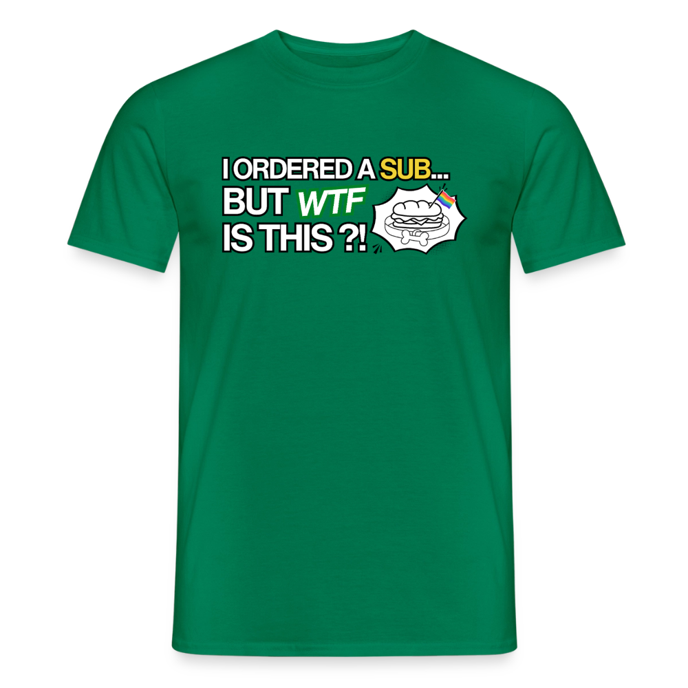 Freigestelltes kellygrünes T-Shirt mit großer Typografie und farbigen Akzenten. Der weiße Stern zeigt das Sandwich, das von einem Puppy-Halsband umwickelt ist.
