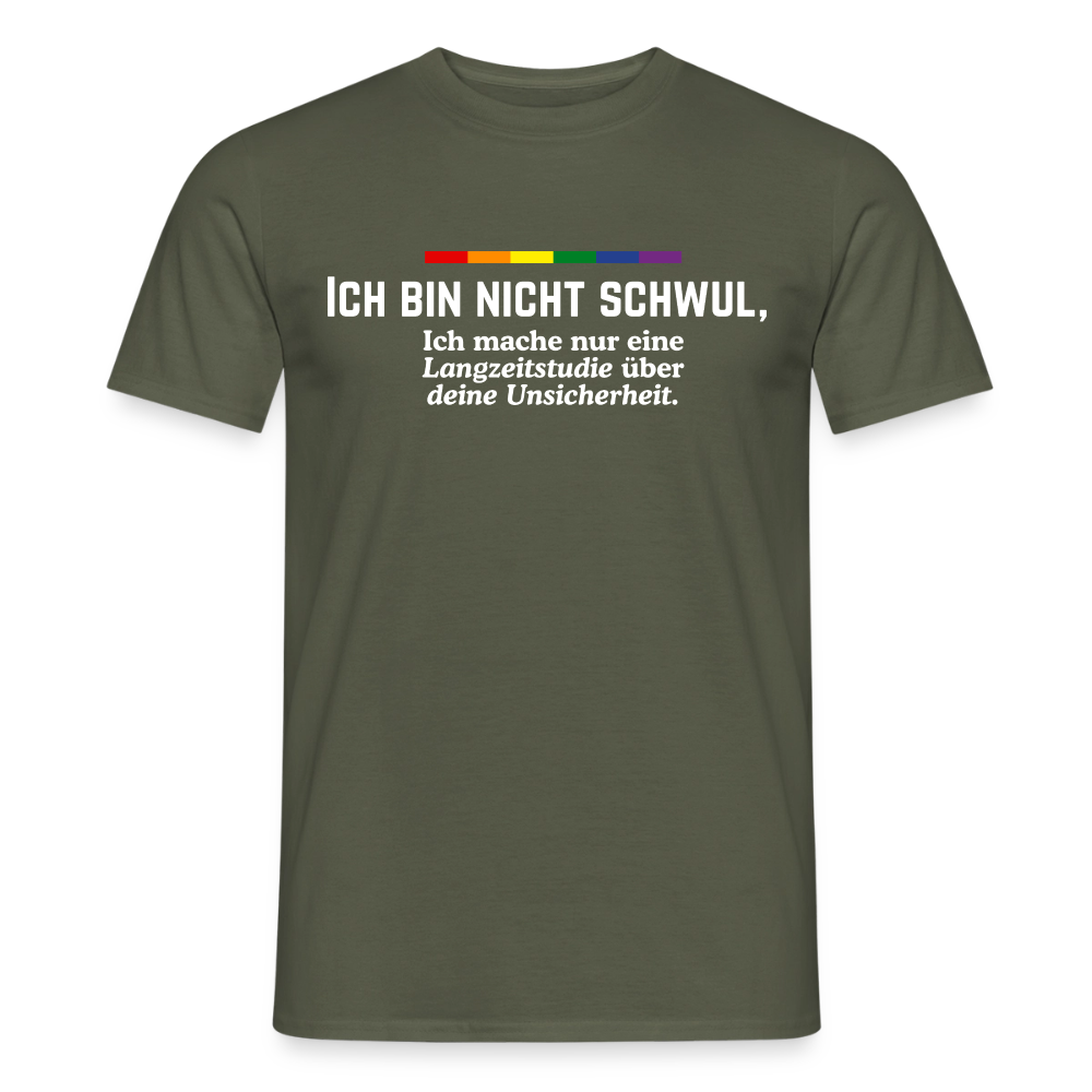 Wer toxische Männlichkeit entlarven will, wählt dieses militärgrüne Statement-Piece. Das Motiv kombiniert einen sechsfarbigen Pride-Balken mit dem ironischen Spruch: „ICH BIN NICHT SCHWUL, Ich mache nur eine Langzeitstudie über deine Unsicherheit.“