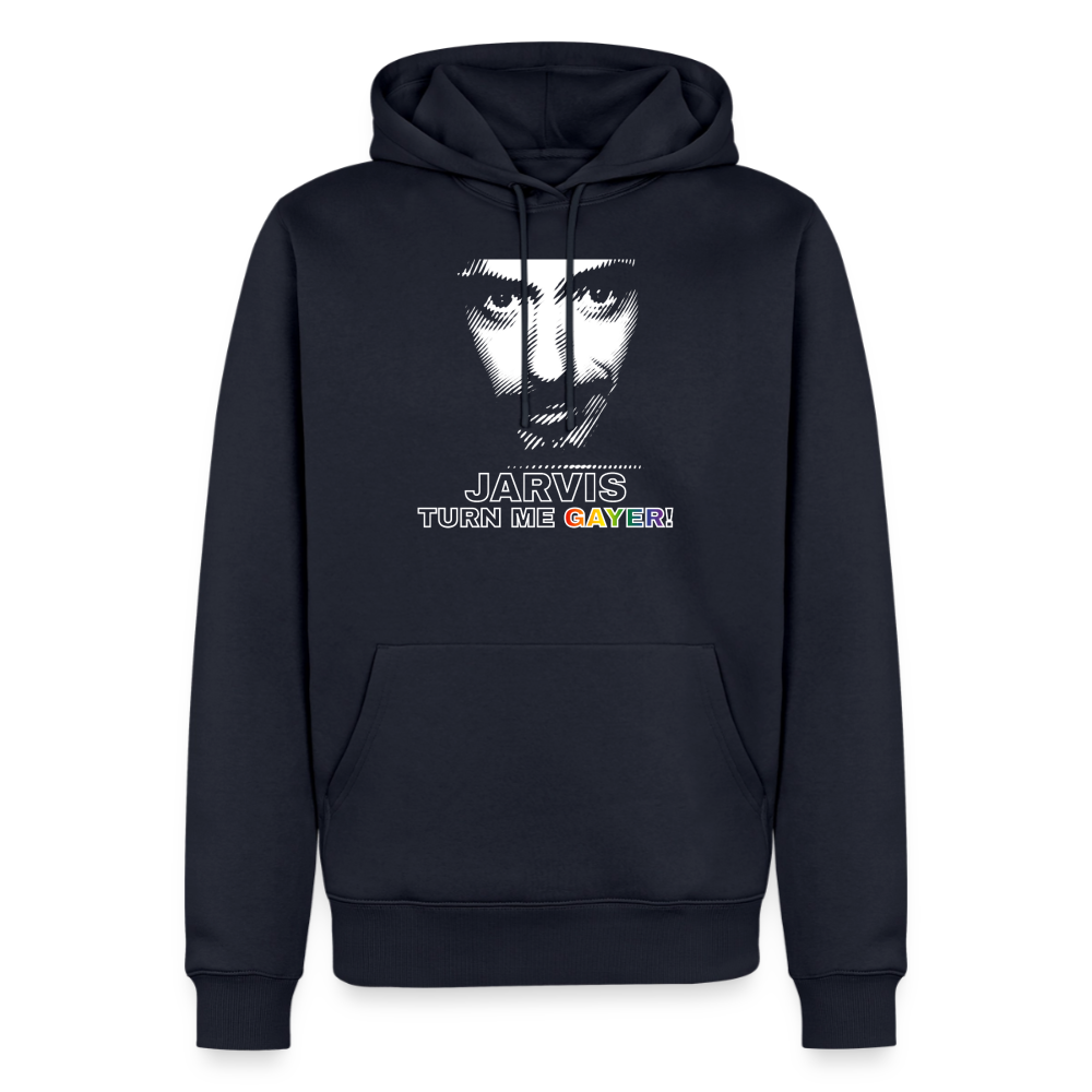 Das dunkelblaue Hoodie-Design zeigt das bekannte humorvolle Crossover. Das markante weiße Gesicht und die Regenbogen-Typografie bilden ein starkes, freigestelltes Statement für Nerds.