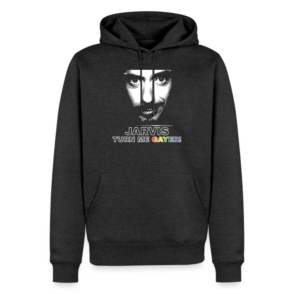 Ein freigestellter anthrazit melierter Hoodie mit dem ikonischen Popkultur-Crossover. Die weiße Grafik und die leuchtende Regenbogen-Schrift machen ihn zum perfekten LGBTQ-Accessoire.