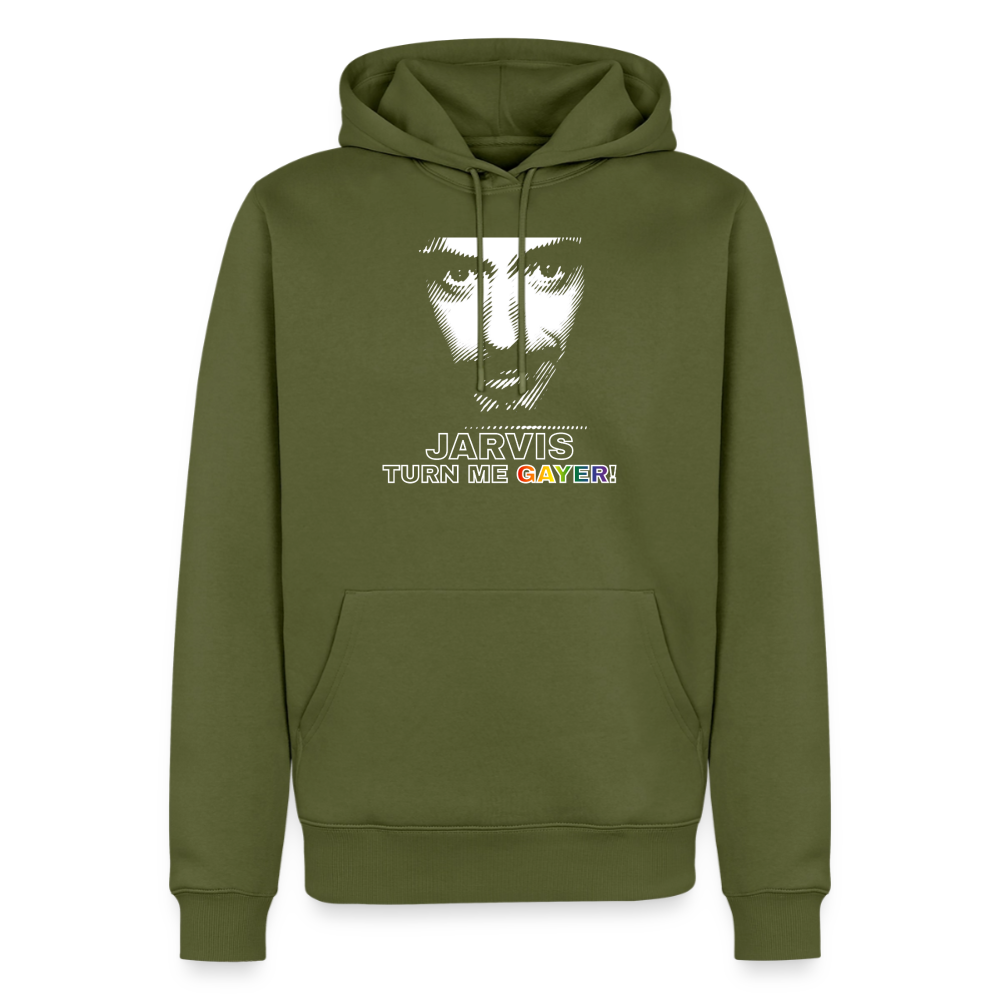 Ein erdiges Khaki als Hintergrund für das weiße Nerd-Porträt. Dieser freigestellte Hoodie bringt mit dem bunten Regenbogen-Wort „GAYER!" humorvollen Pride in die Gaming-Szene.