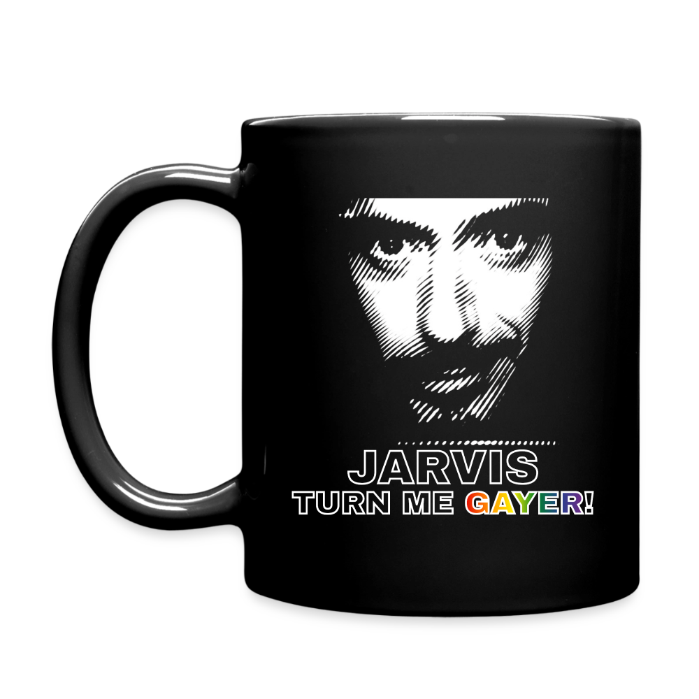 Freigestellte schwarze Kaffeetasse mit Henkel auf der linken Seite. Das weiße Linien-Porträt und der humorvolle Regenbogen-Schriftzug „JARVIS TURN ME GAYER!" setzen ein klares Statement für queere Gaymer. Dank beidseitigem Druck ist das Popkultur-Motiv immer perfekt sichtbar.