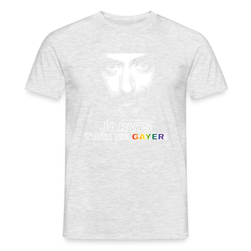Freigestelltes grau meliertes T-Shirt mit der provokanten Aufforderung „JARVIS TURN ME GAYER!". Das klare weiße Porträt und der bunte Text verbinden Nerd-Life mit Pride.