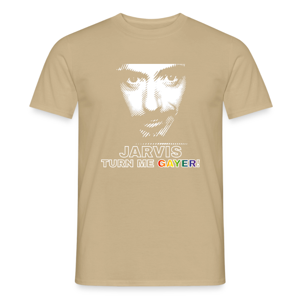 Ein freigestelltes sandbeiges T-Shirt mit dem ikonischen Popkultur-Crossover. Die weiße Liniengrafik und der bunte LGBTQ-Schriftzug machen das Motiv elegant und humorvoll zugleich.