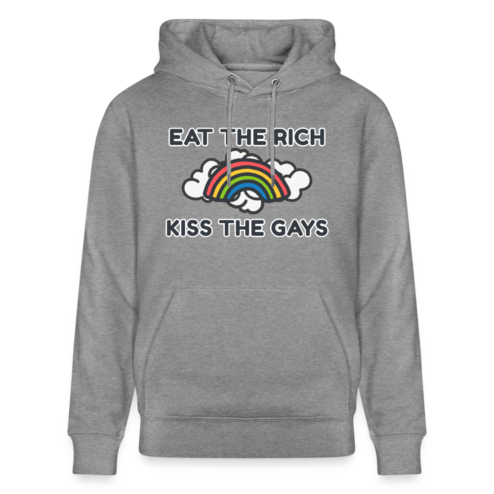 Das hellgrau marmorierte Sweatshirt präsentiert die Botschaft „Eat The Rich Kiss The Gays“ in klarer Schrift. Der bunte Regenbogen macht das kuschelige Oberteil zum idealen Begleiter für queeren Aktivismus.