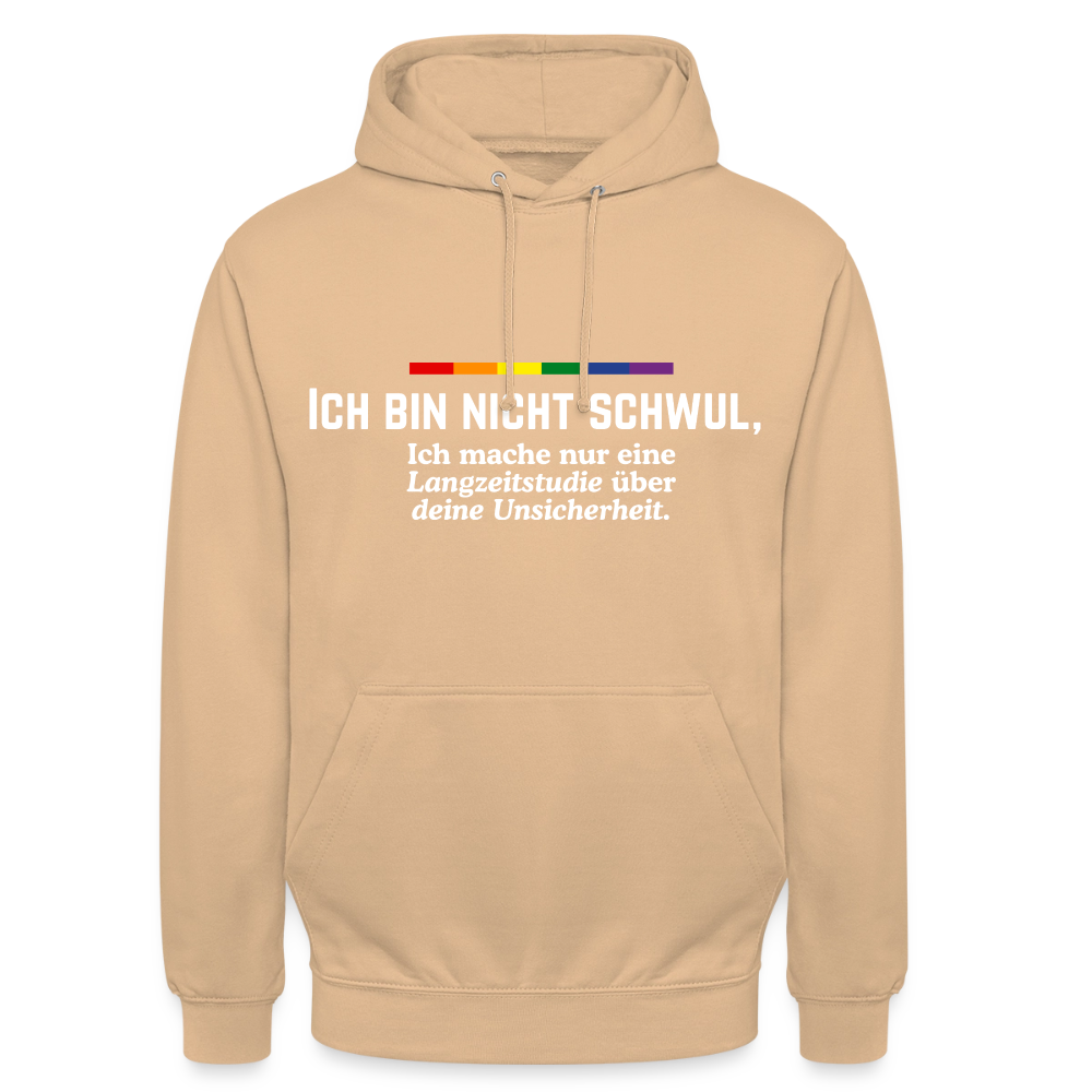Ein pfirsichfarbener Hoodie auf transparentem Grund. Die Typografie formuliert messerscharf: „ICH BIN NICHT SCHWUL, Ich mache nur eine Langzeitstudie über deine Unsicherheit.“ – ein klares Statement für die Community.