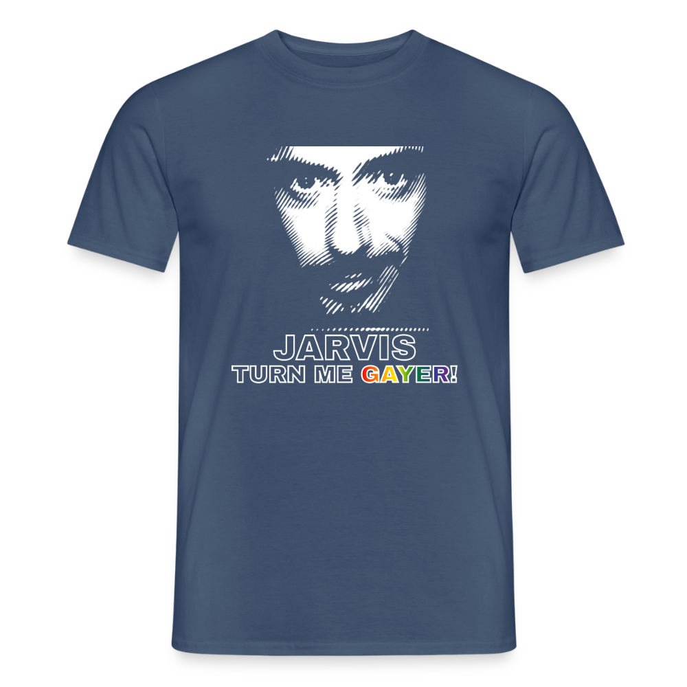 Das dunkle Denimblau bringt den weißen Schriftzug und das detaillierte Porträt stark zur Geltung. Freigestelltes T-Shirt mit humorvoller Regenbogen-Pointe für die Geek-Szene.