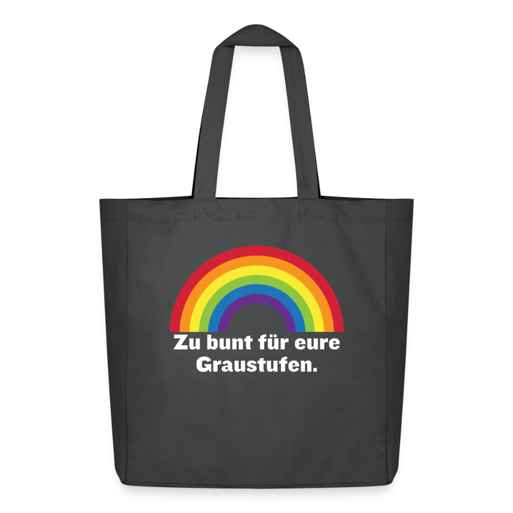 Dunkelgraue (Anthrazit) Tote Bag mit farbenfrohem Pride-Design gegen Monotonie