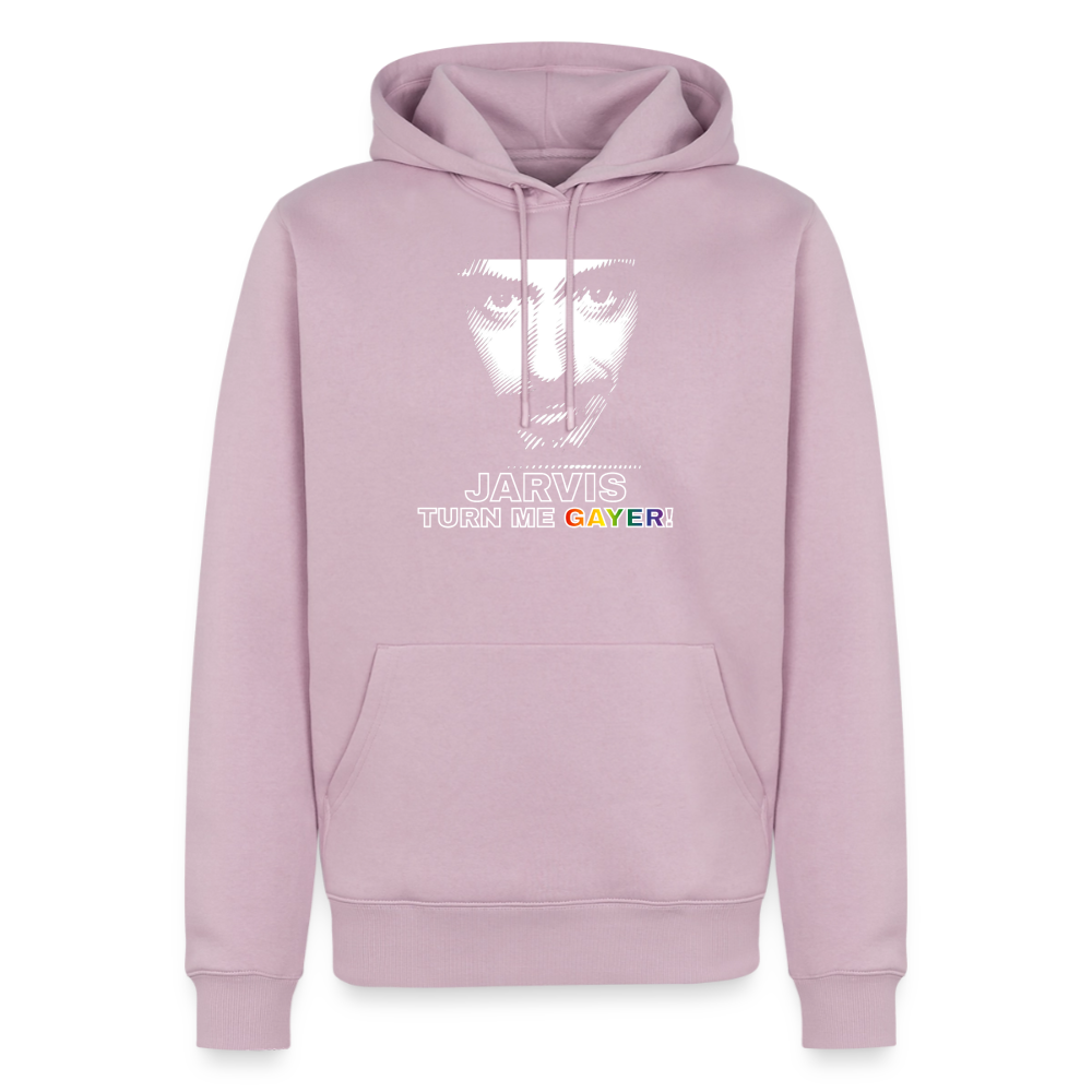 Das altrosa Kapuzensweatshirt präsentiert sich mit der freigestellten weißen Liniengrafik. Die regenbogenfarbene Typografie verbindet Nerd-Kultur mit selbstbewusstem Gay Pride.