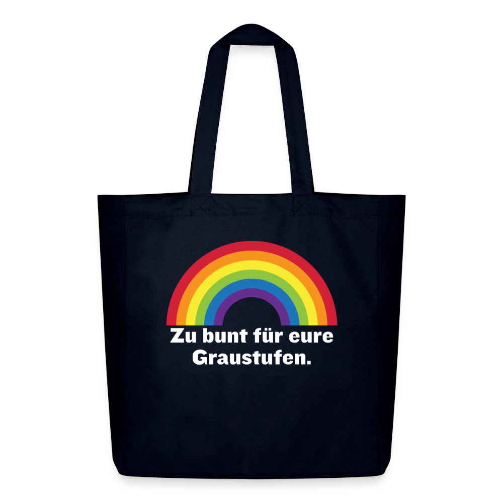 Marineblaue (Navy) Canvas Tragetasche mit dem klaren Statement "Zu bunt für eure Graustufen"