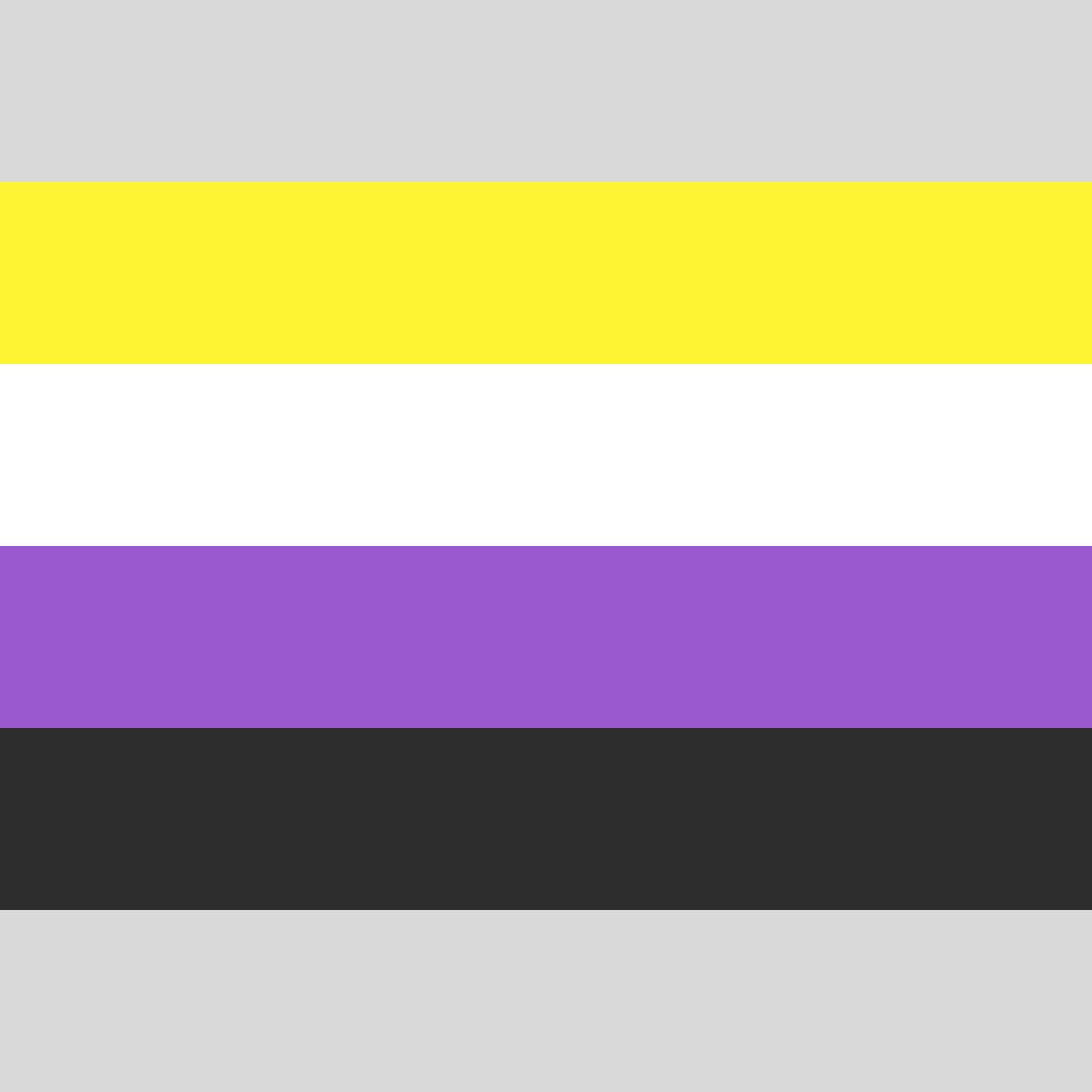 Grafik der Non-Binary Pride Flagge. Sie besteht aus vier gleich breiten, horizontalen Streifen in den Farben Gelb, Weiß, Lila und Schwarz.