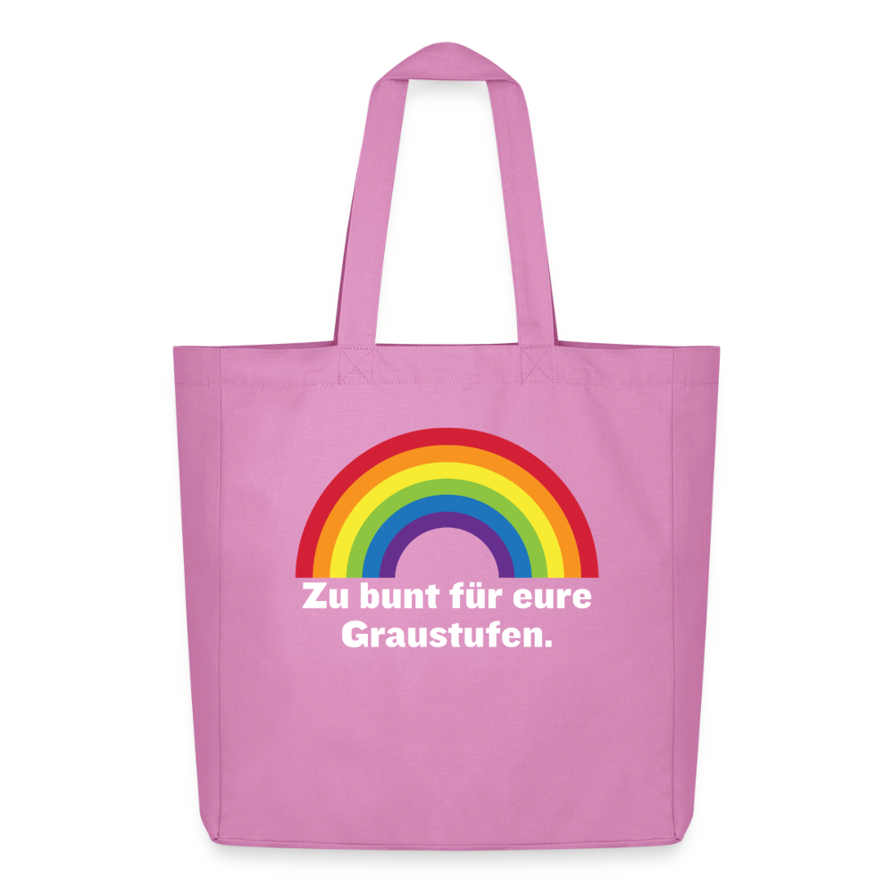Kräftig pinke Pride Tragetasche mit dem bunten "Zu bunt für eure Graustufen" Aufdruck