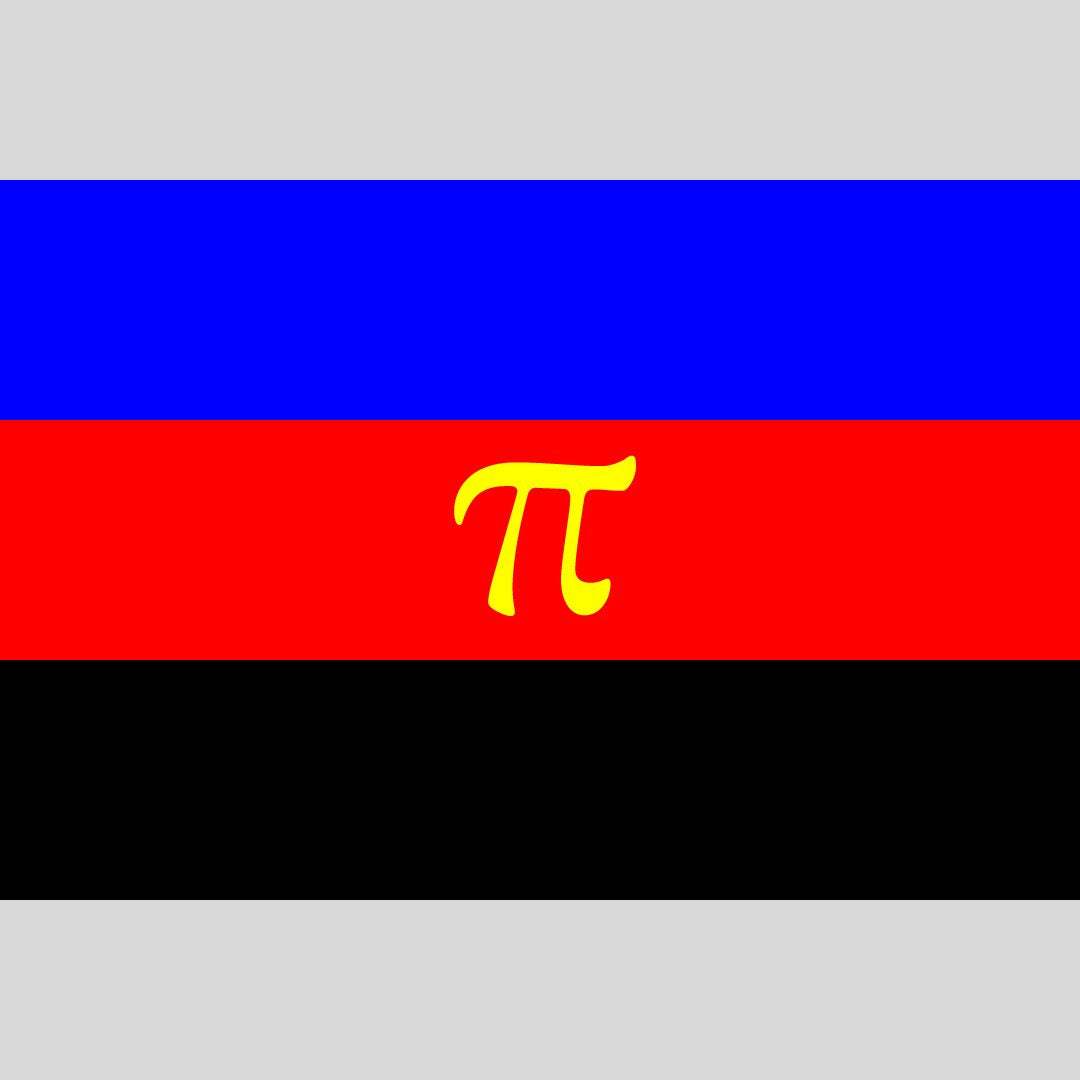 Eine Grafik der klassischen Polyamorie-Flagge auf grauem Hintergrund. Drei horizontale Streifen in Blau, Rot und Schwarz gliedern das Design. Im exakten Zentrum des roten Mittelstreifens ist das mathematische Pi-Symbol ($\pi$) in einem leuchtenden Goldgelb dargestellt. Scharfkantiger, kontrastreicher Vektorstil.
