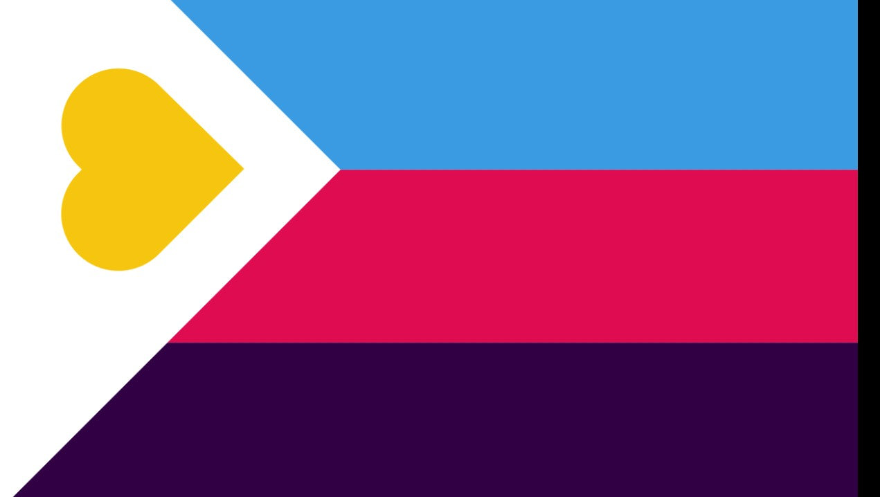 Die neue Polyamorie-Tricolor-Flagge mit horizontalen Streifen in Blau, Purpur und Magenta sowie dem weißen Keil und goldenen Herz auf der linken Seite. Die Grafik ist rechts und unten von einem schmalen, schwarzen Rahmen eingefasst, der das Motiv visuell abgrenzt. Sattes, kontrastreiches Digitaldesign.