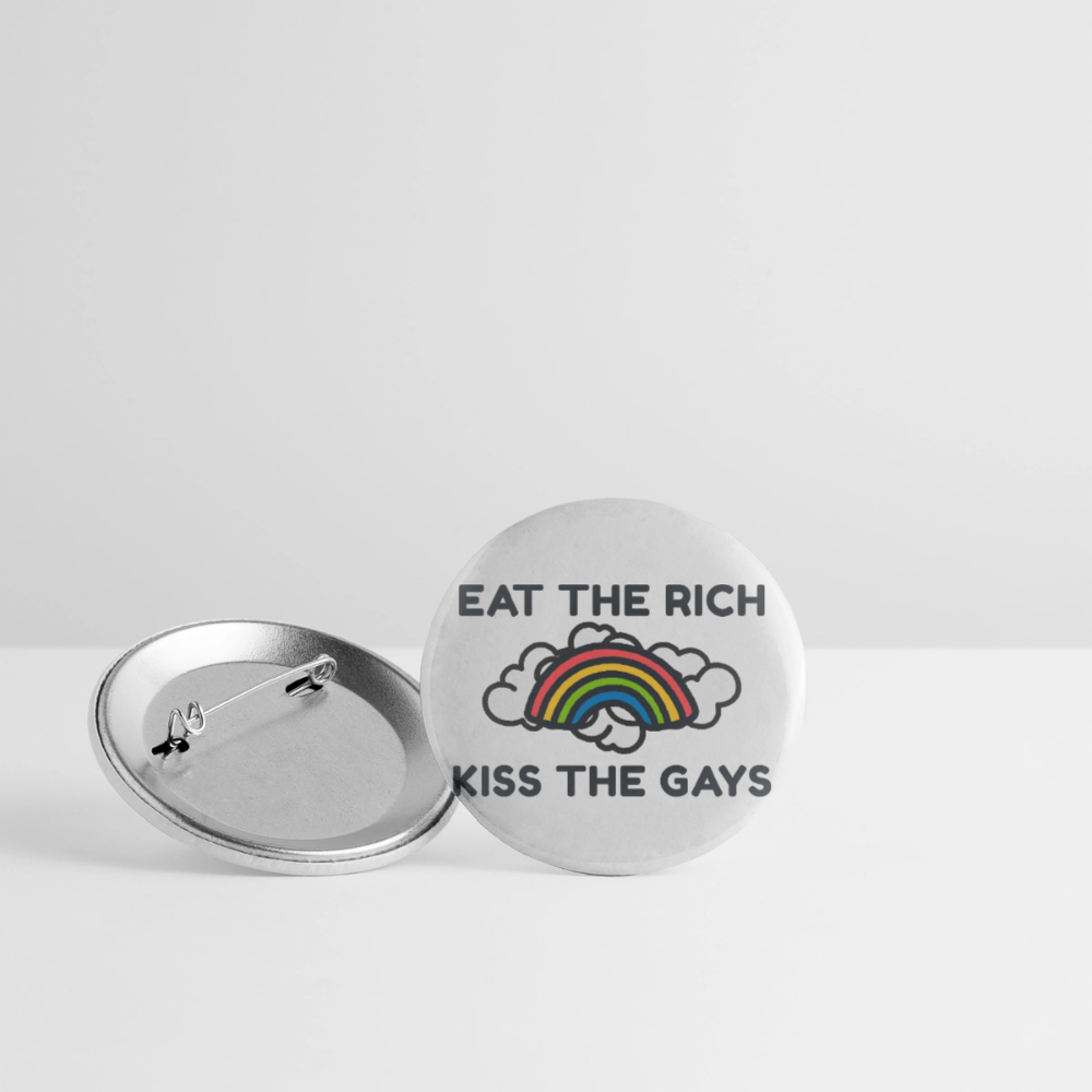 Mehrere Buttons mit dem Design „Eat The Rich Kiss The Gays“ liegen dekorativ beieinander. Die Kombination aus radikaler Typografie und buntem Regenbogen macht die kleinen Anstecker zum perfekten Accessoire für Jeansjacken oder Taschen auf dem CSD.