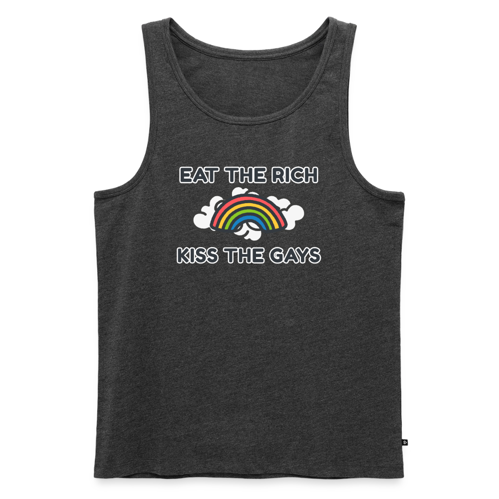 Das ärmellose Shirt in Anthrazit meliert zeigt die provokante Doppelbotschaft „Eat The Rich Kiss The Gays“. Mit den comic-haften Wolken und dem bunten Regenbogen wird das Design zum klaren Statement auf der nächsten Pride-Demo.