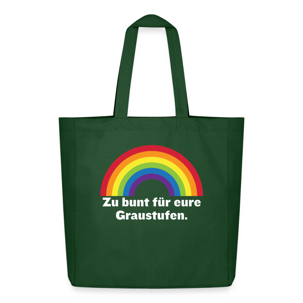 Flaschengrüne Pride Tote Bag aus schwerem Canvas mit dem Regenbogen-Statement "Zu bunt für eure Graustufen"