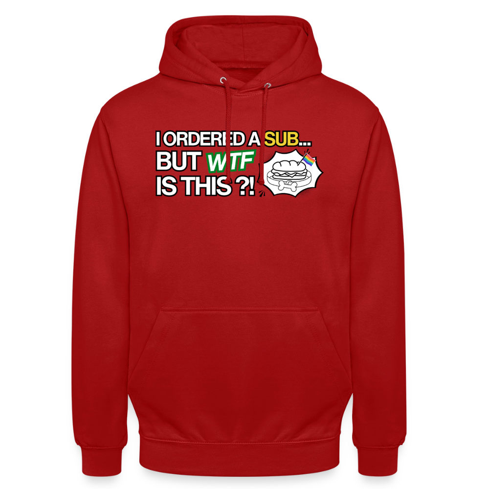 Knallroter Premium-Hoodie als freigestelltes Produktbild für den Onlineshop. Das zentrierte Design mit dem zweideutigen BDSM-Wortspiel bricht die kräftige Grundfarbe des Pullovers mit einer riesigen Portion Humor.