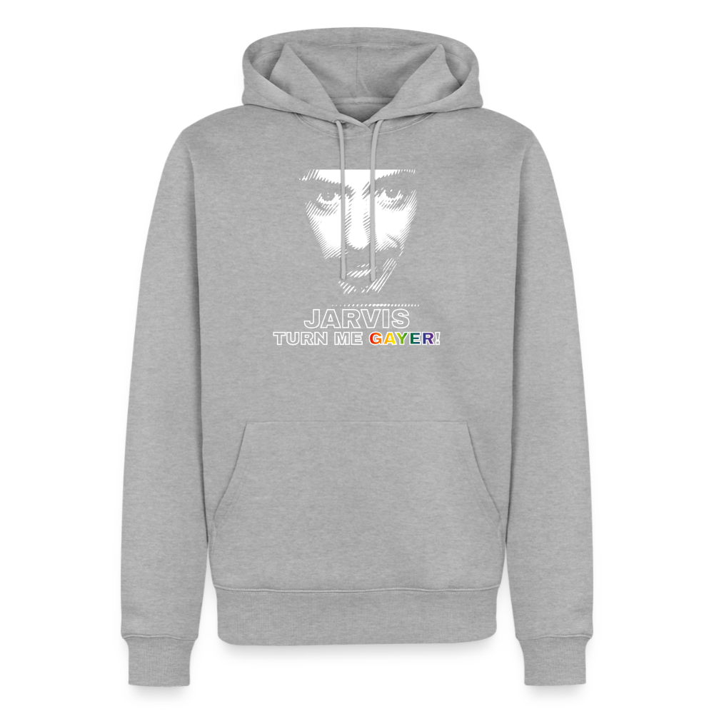 Freigestellter grau melierter Hoodie mit dem provokanten Statement „JARVIS TURN ME GAYER!". Das klare weiße Porträt und der farbenfrohe Text feiern humorvoll queere Identität.