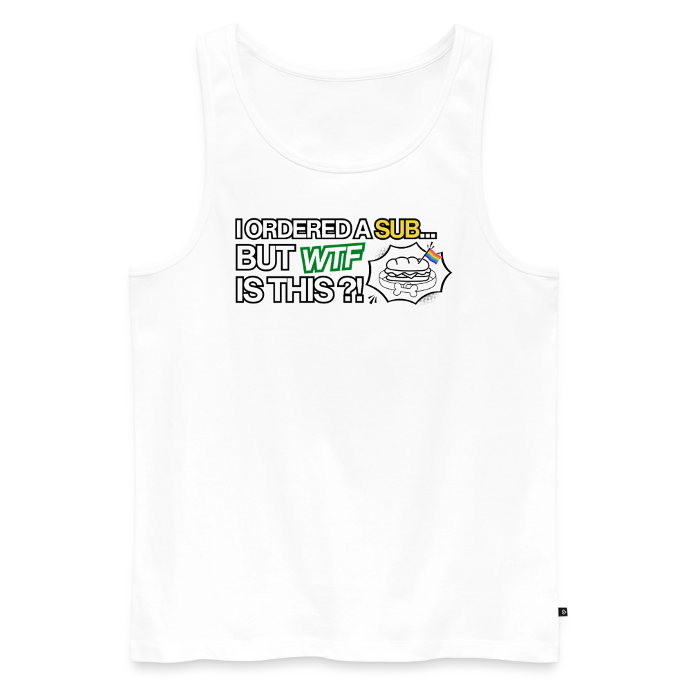 Auf dem reinweißen Baumwollstoff dieses freigestellten Tank Tops knallt die farbintensive Regenbogenflagge besonders intensiv heraus. Der schwarze, serifenlose Schriftzug umrahmt die humorvolle Welpenohren-Illustration für unübersehbaren queeren Stolz.