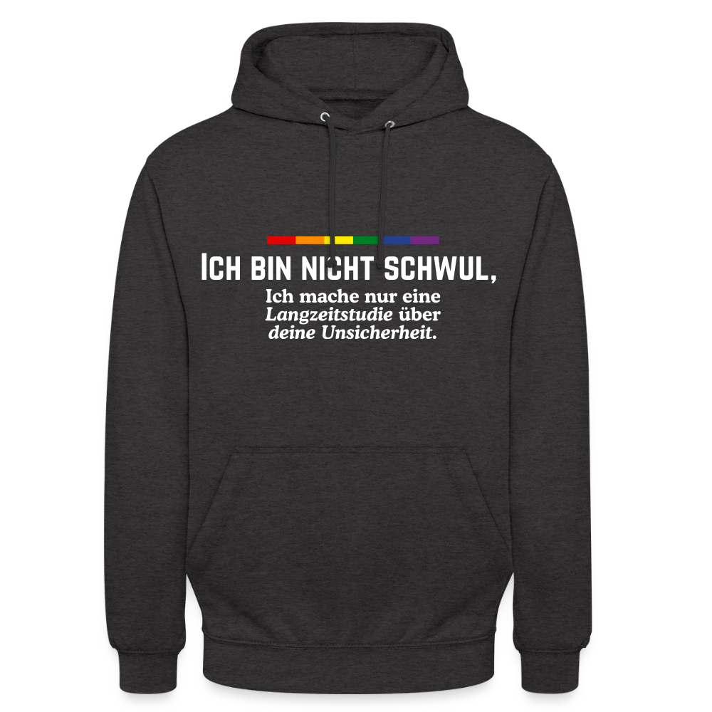 Dunkles Anthrazit betont die weiße Blockschrift des Ködersatzes „ICH BIN NICHT SCHWUL“. Die darunterliegende kursive Pointe vervollständigt das satirische Design auf diesem freigestellten Hoodie.