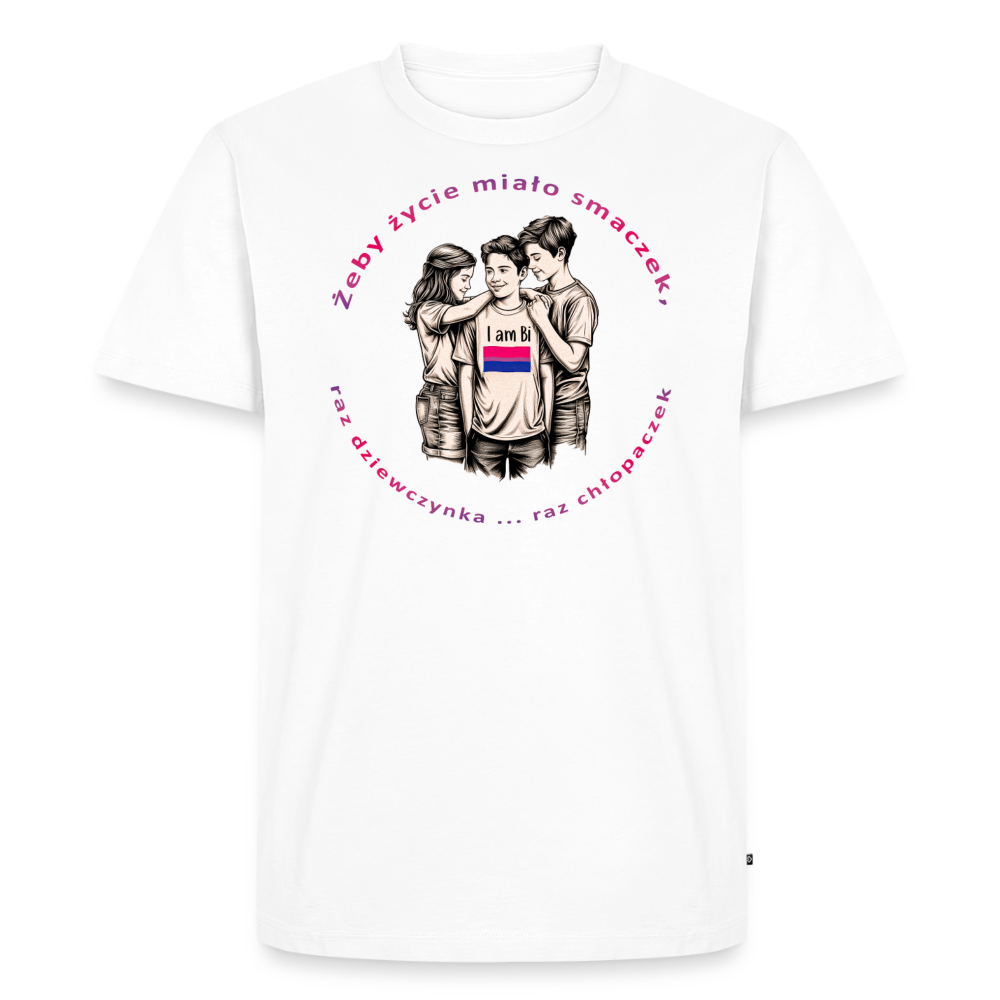 Das klassische weiße T-Shirt lässt die Details der Bleistift-Skizze und die Leuchtkraft der pinken Schrift optimal wirken. Ein minimalistisches, aber aussagekräftiges Shirt für Bi-Sichtbarkeit.