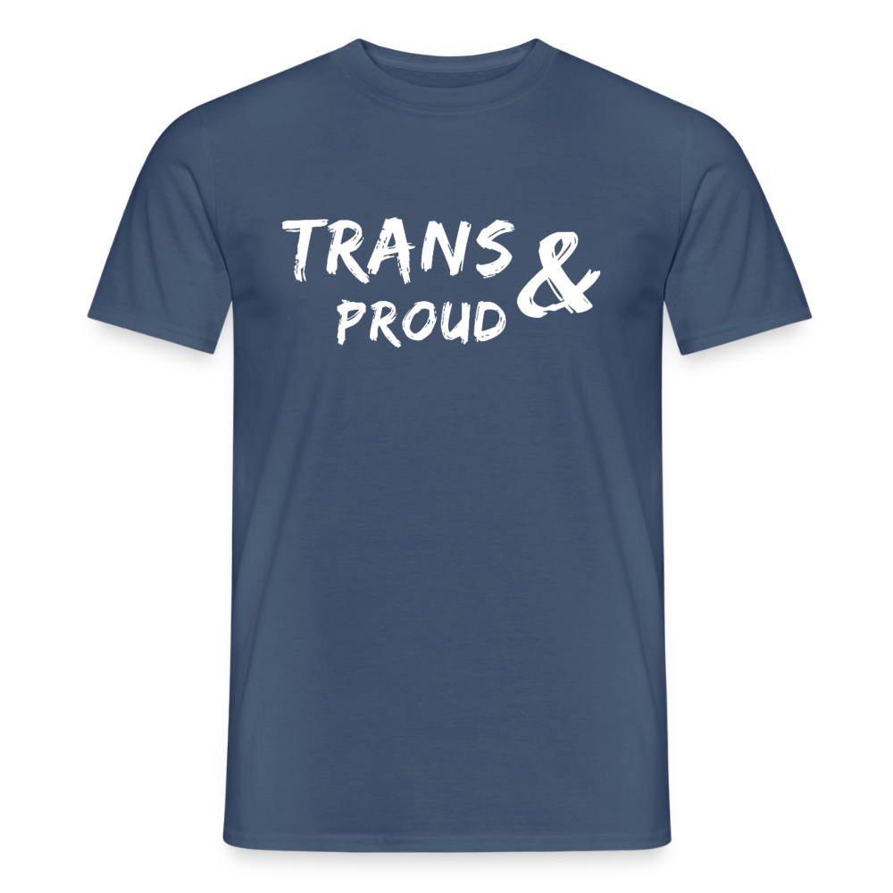 Freigestellte Ansicht eines Aktivismus-Shirts im verwaschenen, dunklen Denimblau. Aufgedruckt ist die feine PrideLAB-Grafik, die für Respekt, Gleichberechtigung und trans Sichtbarkeit im Alltag einsteht.