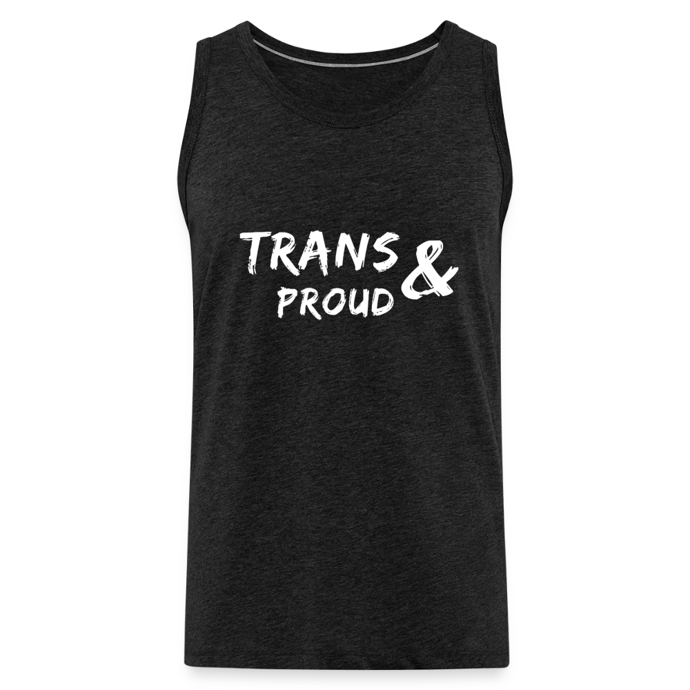 Ein dunkelgraues Menschenrechts-Tank-Top in Anthrazit als freigestellter Produkt-Mockup. Das ärmellose Shirt präsentiert den minimalistischen Schriftzug samt den feinen, farbigen Linien der Trans-Flagge.