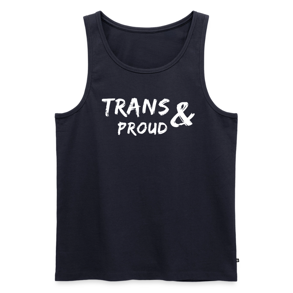 Dunkelblaues Unisex-Tank-Top, flach ausgelegt auf transparentem Grund. Die Kombination aus klassischer Navy-Farbe und dem klaren politischen Statement kreiert ein perfektes, luftiges Outfit für politische Sommer-Events.