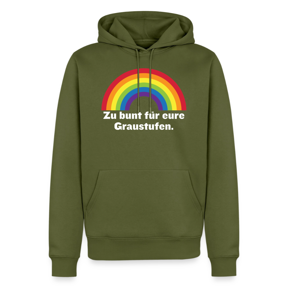 Pride Statement Hoodie Khaki mit dem Regenbogen Motiv Zu bunt für eure Graustufen