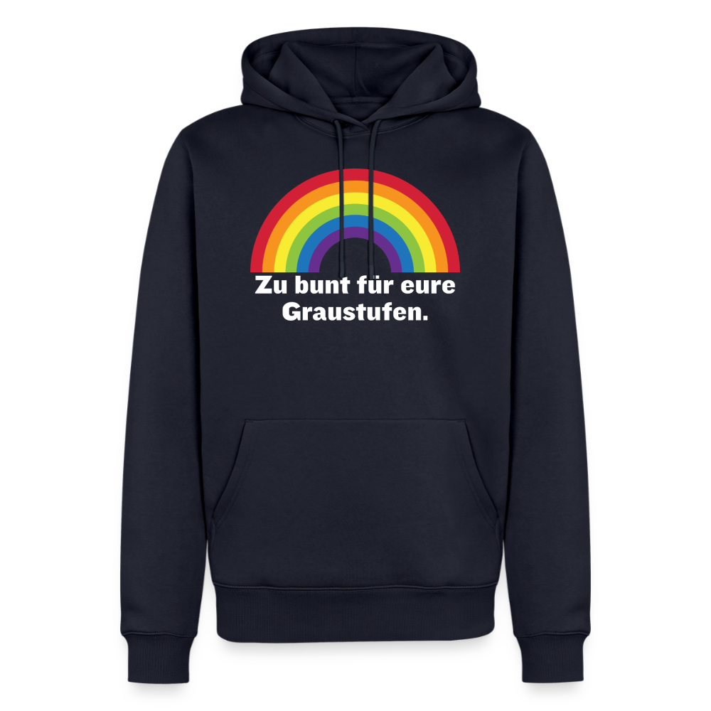Navy blauer Kapuzenpullover mit Rainbow Pride Motiv Zu bunt für eure Graustufen von PrideLAB