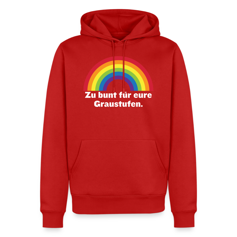 Roter Pride Hoodie mit dem Aufdruck Zu bunt für eure Graustufen für den CSD oder Alltag