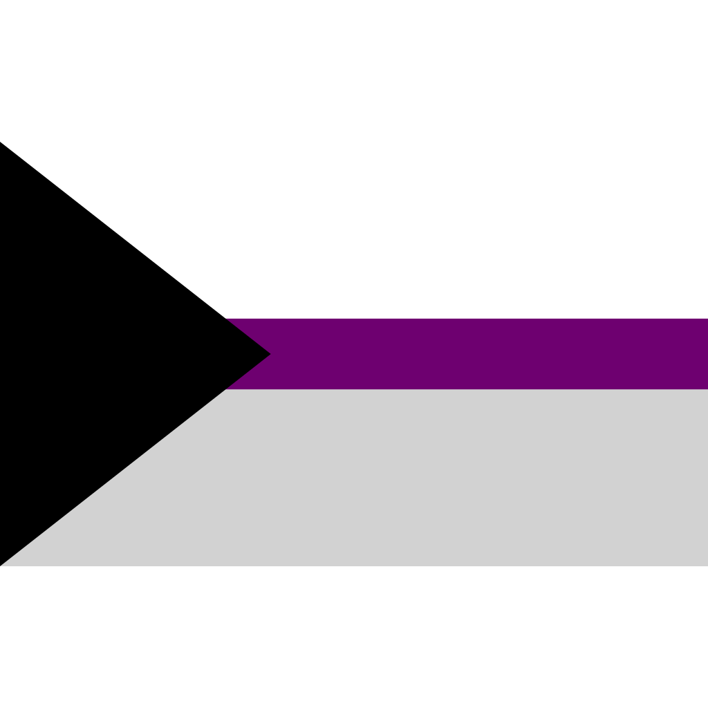 Digitale Grafik der demisexuellen Pride-Flagge. Das Design zeigt ein schwarzes Dreieck an der linken Seite sowie drei horizontale Streifen in Weiß, Lila und Grau, die das Ace-Spektrum repräsentieren.