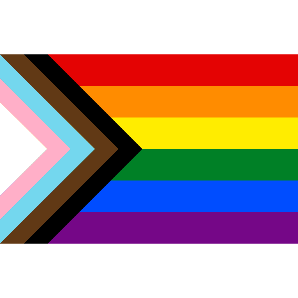 Grafischer Freisteller der modernen Progress Pride Flagge in der intersex-inklusiven Quasar-Variante. Das Design erweitert die klassischen sechs Regenbogenstreifen auf der rechten Seite durch einen links angesetzten Keil mit hellblauen, rosa und weißen Trans-Streifen, braunen und schwarzen People-of-Color-Streifen sowie dem gelben Feld mit violettem Kreis der Intersex-Community.