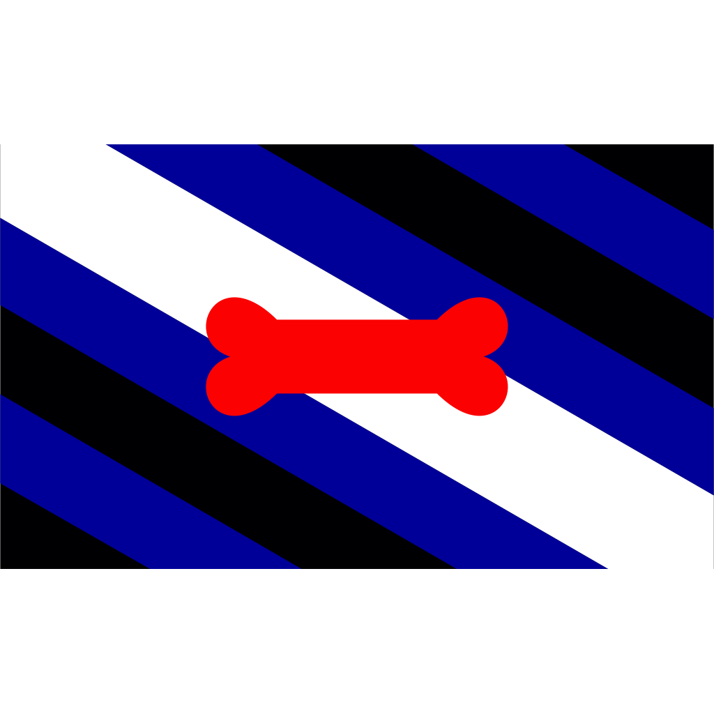 Digitale Grafik der offiziellen Puppy Play Pride Flagge. Das Design zeigt neun diagonale Streifen in Schwarz, Blau und Weiß mit einem auffälligen roten Knochen als zentrales Element in der Mitte.